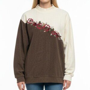 Vintage TanJay Embroidered Floral Colorblock Pullover Fleece Sweatshirt Size L